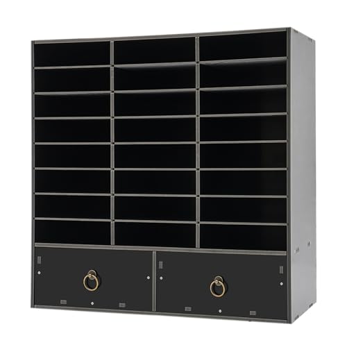 MhdunueSK Literature Organizer,Desktop File Sorter Mail Center,Paper Storage Cabinet with 24 Slots Compartments,Suitable for Home School Office (Black 24 Compartment with 2 Drawers)