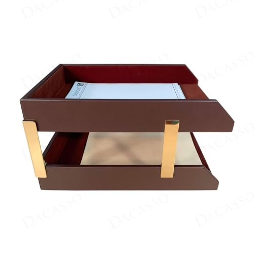 DACASSO Chocolate Brown Leather Front-Load Double Legal Size Letter Tray Set w/Gold Stacking Posts - Luxury Executive Decor and Office Essential - Desk Surface Protector