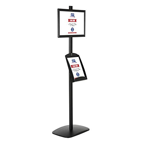 M&T Displays Free Standing Aluminum Display Stand Single Sided Document Brochure Sign Holder Front Loading Portrait Landscape Black Snap Frame 8.5x11 and Metal Tray Shelf 8.5x11 Inch