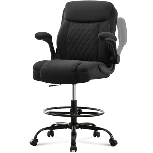 Drafting Chair Tall Office Chair for Standing Desk, Ergonomic Tall Desk Chair with Adjustable Foot Ring, Flip-Up Armrests, Lumbar Support, Comfortable Fabric Seat – Ideal for Home and Office Use