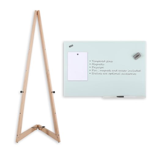 M&T Displays 59 Inch Natural Wood Portable Art Easel Bundle with 24x35 Inch Clear Magnetic Tempered Glass Dry Erase Board, Adjustable Tripod Stand, Includes Marker and 4 Magnetic Pins