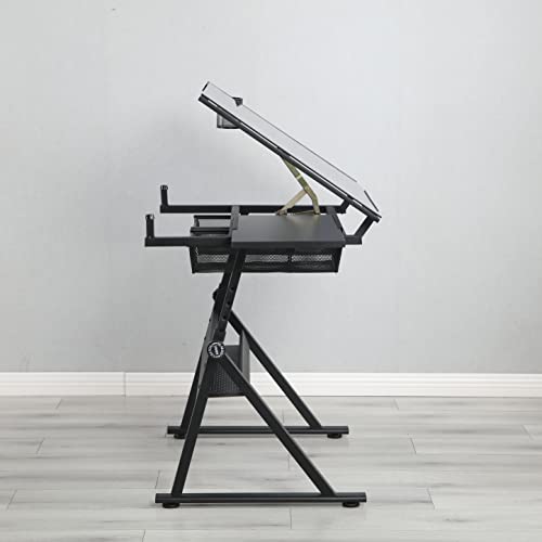 ZAVEROX Black Adjustable Tempered Glass Drafting Table with Chair, Steel Base, 0-75° Tilt Angle, for Art Design and Craft Work
