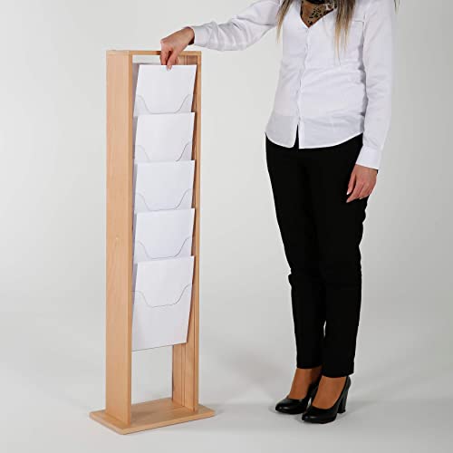 M&T Displays Natural Wood Magazine Brochure Rack Double Sided Floor Standing Wooden Leaflet Literature Catalog Holder Stand with Durable 10 Clear PET G Pocket One Side 5x(8.5x11) Inch for Indoor