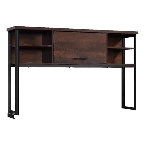 Pemberly Row Contemporary Hutch, 60 in Wide, Engineered Wood and Metal, Barrel Oak Finish, Attaches to Computer Desk, Barrister Door, 2 Adjustable Shelves, Office Storage Organizer