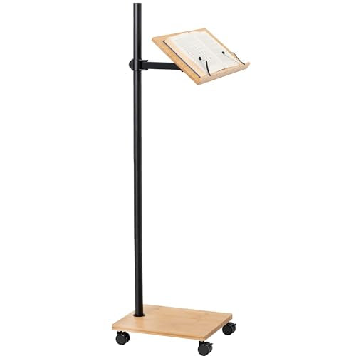 VIVO Mobile 16 inch Mobile Podium Reading Stand, Portable Rolling Book Holder, Real Bamboo Surfaces and Black Pole, CART-BK01B