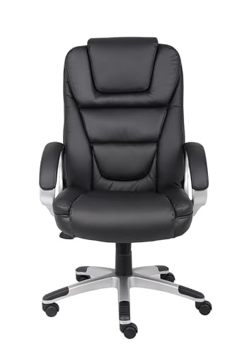Pemberly Row Contemporary Executive Leather Arm Office Chair, LeatherPlus Upholstery, Ergonomic Lumbar Support, Adjustable Seat Height, Waterfall Seat Design, Gun Metal Finish, Swivel Base, Indoor