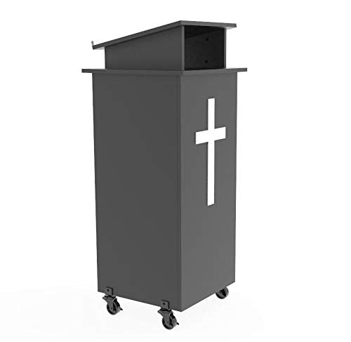FixtureDisplays® Black Wood Podium Pulpit Lectern with White Christian Cross Event Debate Speech School Mobile on Wheels Castors Easy Assebmly Required 10057+1803-CROSS