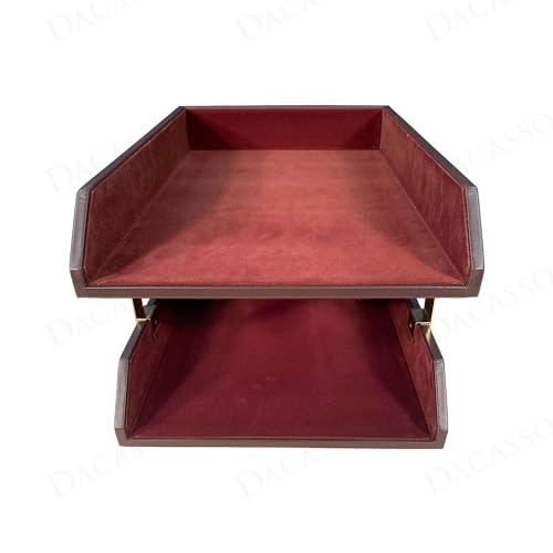 DACASSO Chocolate Brown Leather Front-Load Double Legal Size Letter Tray Set w/Gold Stacking Posts - Luxury Executive Decor and Office Essential - Desk Surface Protector