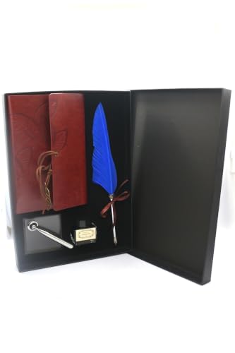 Calligraphy Pen and Notebook Set with Feather Pen, Ink, Leather-Bound Journal, and Holder - Refined Gift Boxed Set for Writers and Artists - Blue Accents