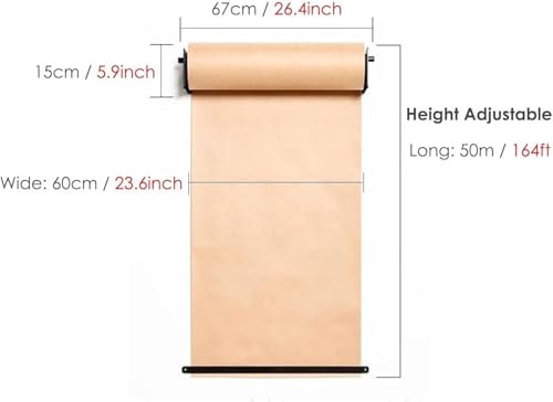 LNNW Kraft Paper Dispenser Kids Wall Mounted Kraft Paper Dispenser and Cutter - Sturdy Black Holder & 164ft Brown Paper Roll, Easy to Install Decorative Message Boards for Wall(67cm/26.4inch Wide)
