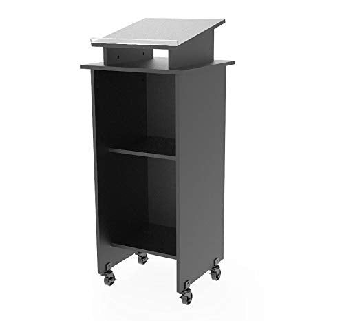 FixtureDisplays® Black Wood Podium Pulpit Lectern with White Christian Cross Event Debate Speech School Mobile on Wheels Castors Easy Assebmly Required 10057+1803-CROSS
