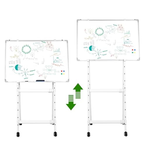 Double-Sided Rolling Whiteboard, Magnetic Mobile Whiteboard with 4 Lockable Swivel Wheels, Height Adjustable Flip Chart Easel Stand, Portable White Board for Home, School & Office Silver 70x100 cm