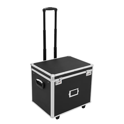 Aluminum Alloy Portable Document Case File Box, Locking File Storage Box with Telescopic Handle Wheels, Rolling File Proof Book Organizer Box, Dual Password Security, Hand pull for Office Home Bank
