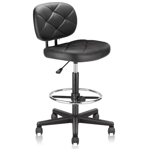 KLASIKA PU Leather Rolling Bar Stool with Wheels and Back, Tall Drafting Stool with Adjustable Height and Footrest, Multi-Purpose Office Desk Chair for Home Kitchen Shop Work, Black (1PK)