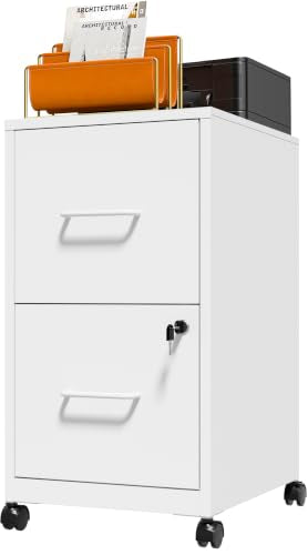 Yukimo 2 Drawer File Cabinet with Wheels, Metal Mobile Filing Cabinets with Lock, Vertical File Cabinet for Home Office, Rolling Storage Cabinet for A4/Letter/Legal Size File, Assembly Required, White
