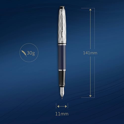 Waterman Expert Fountain Pen | Metal & Blue Lacquer | Chiselled Cap | Stainless Steel Medium Nib | Blue Ink | Gift Box