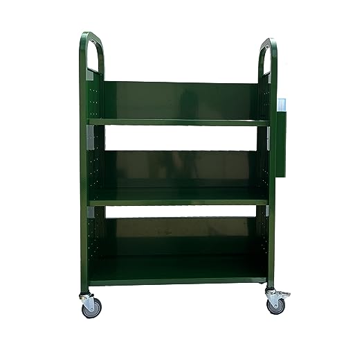 Workington Rolling Book Truck Book Cart with 3 Flat Shelves, Library Book Cart with Swivel Lockable Casters 3001 Green