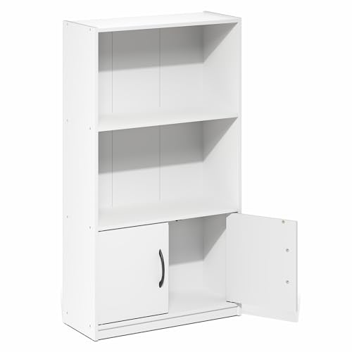 Furinno Gruen Book Shelf, 3-Tier Bookshelf, Bookcase with Open Shelf and 2 Doors Storage Cabinet, 9.3 x 21.8 x 39.5, for Organization and Storage, for Living Room, Bedroom, Home Office, White