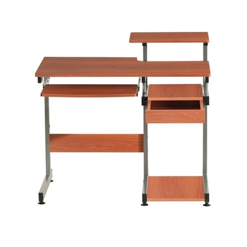 Pemberly Row Contemporary Wood/Steel Computer Desk, 38" W x 22" D x 30" H, Mahogany Finish, MDF and Steel Construction, Pull-Out Keyboard Tray, Printer and Scanner Shelves, Home Office Desk