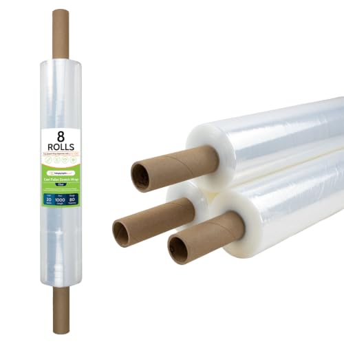 PSBM Stretch Wrap with Handles, 8 Rolls 20 Inch x 1000 Feet 80 Gauge Heavy Duty up to 800% Ultimate Stretch Clear Plastic Wrap Industrial Strength Shrink Film for Moving, Packing & Shipping