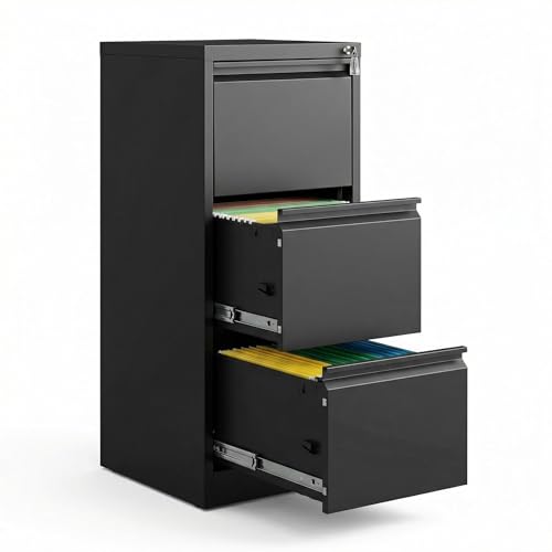 Uneeruiqy 3 Drawer File Cabinet, Heavy Duty Vertical Filing Cabinets with Lock, Metal Steel Storage Cabinet for Office and Home, Assembly Required, Black