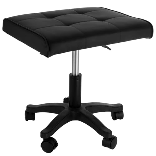 Footrest Under Desk, Adjustable Height 15.7-19.7 in Leg Rest Ottoman with Wheels, 17.7 x 14.6 in Ergonomic Saddle Foot Stool, Leather Rolling Stool for Office Home Gaming Salon Makeup Vanity