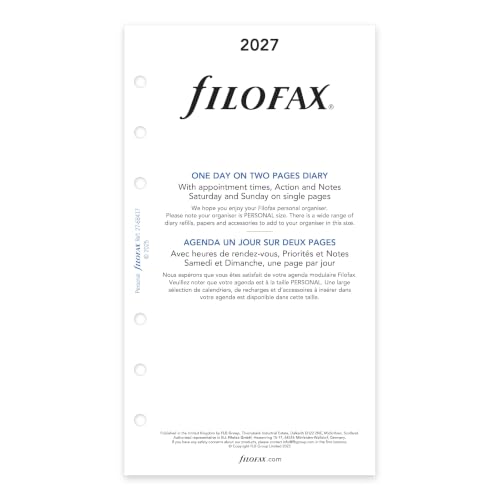 Filofax Calendar Diary Refill, Personal/Compact Size, Day on Two Pages with Appointments, White Paper, Bilingual, 2027 (C68417-27)