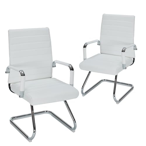 White Office Guest Chairs No Wheels Set of 2, Leather Conference Chairs