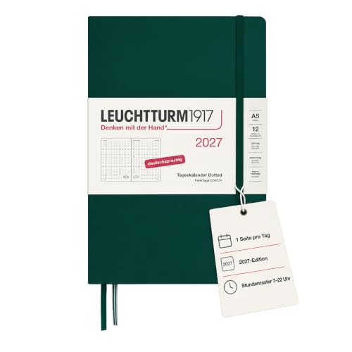 LEUCHTTURM1917 Daily Planner 2027 Dotted Medium (A5) - German, Forest Green, 145 x 210 mm (5.7 x 8.3 in), January–December (12 Months), 1 Page per Day, Hourly Grid 7:00–22:00, Hardcover, 80 g/m² Paper