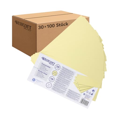 Westcott Divider Strips, Pack of 100, Pastel Yellow (Pack of 30), Robust Stapling Strips 190 g/m² for A4 Folders, Dividers 10.5 x 24 cm, 2-Hole Punched Index for DIN A4 Documents, E-733318 00