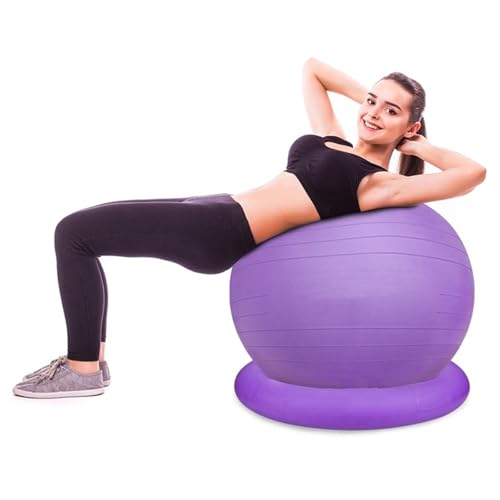RENLXFI Purple Ergonomic Office Chair Yoga Ball, Anti Burst Inflatable Balance Balls & Base & Bands Kit 21 25 29 Inch, Birthing Bouncy Ball Chair, Includes Air Pump(Diameter 65cm(25 3/5 inch))