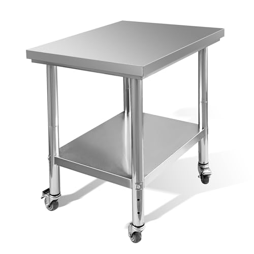 Fsehyue Stainless Steel Work Table 30"x24"x33" Metal Adjustable Under Shelf Prep Table 500 LBS Load Capacity with 4 Caster Wheels Heavy Duty Food Prep Worktable for Home Hotel Kitchen Restaurant