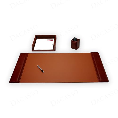 Dacasso Mocha Leather 3-Piece Luxury Desk Accessory Set - Executive Desk Decor - 34" x 20" Leather Blotter Pad & Desk Organization Essentials