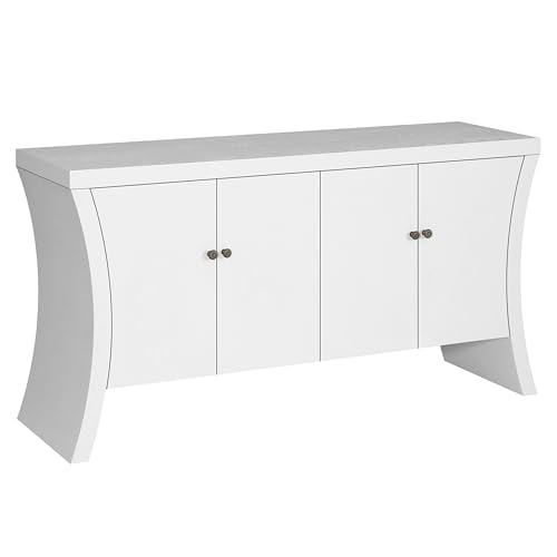 Refined Industrial 4-Door Credenza with Wooden Arc Legs and Bronze Clasps, Advanced Storage Design Sideboard, Modern Buffet Cabinet for Kitchen, Living Room, Hallway (White-we11)