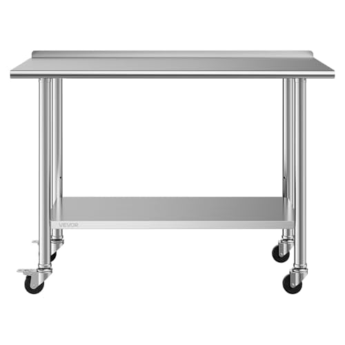 VEVOR Stainless Steel Work Table, 24x48 inch Food Prep Table with Wheels, Commercial Kitchen Workstation with Adjustable Undershelf, Metal Heavy Duty Utility Worktable, for Restaurant Home Outdoor