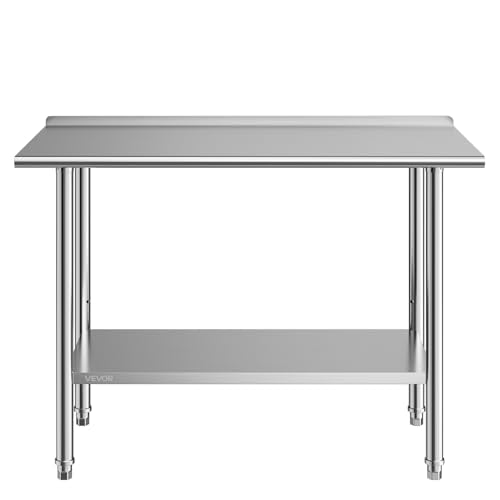 VEVOR Stainless Steel Work Table, 24x48 Inch Food Prep Table with Backsplash, Commercial Kitchen Workstation with Adjustable Undershelf, Metal Heavy Duty Utility Worktable, for Restaurant Home Outdoor