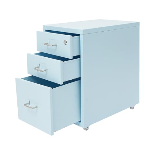 Jongpinth File Cabinet with Lock, 3-Drawer Vertical File Cabinet, 11 * 16 * 18.3In Metal File Cabinet with Wheels for Home Office (Blue)