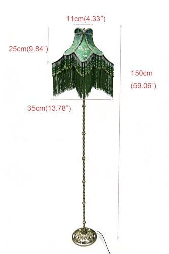 Sofyee Victorian Floor Lamp with Beaded Fringe, Green Fabric Shade, Brass Base, Ornate Vintage Style