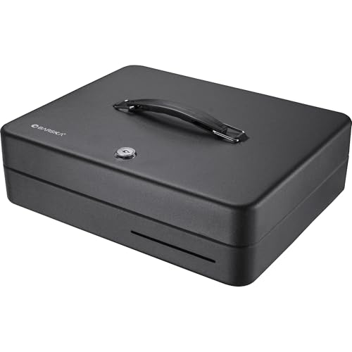 Barska 12-Inch Fold Out Cash Box with Key Lock – Drop Slot, 4 Bill Compartments, 5 Coin Tray Sections, Steel Construction, Portable Money Box Home, Office, Events - Cash Box with Money Tray and Lock