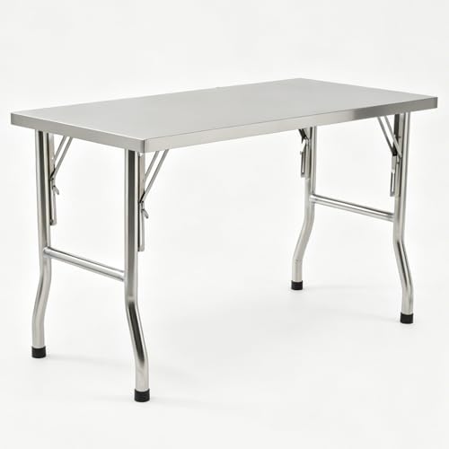 Garvee Stainless Steel Straight Edge Folding Table, Heavy Duty 48x24x34 inch Single Layer Workbench, Commercial Kitchen Prep Table, Industrial Utility Cart, 0.8mm Thick