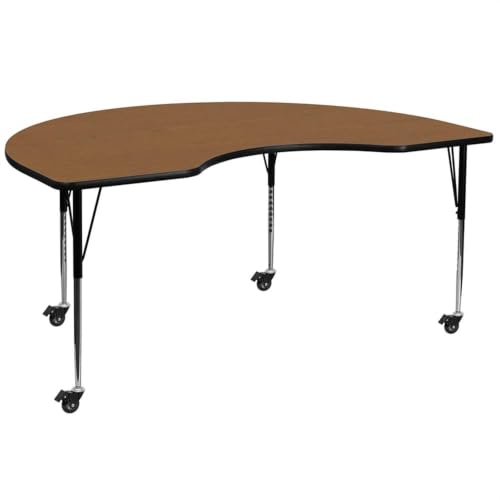 BOWERY HILL Kidney-Shaped Mobile Activity Table, 31" x 72", Oak Finish, Scratch and Stain Resistant Surface, Adjustable Chrome Steel Legs, Durable Classroom or Meeting Room Table, Seating for 6-8