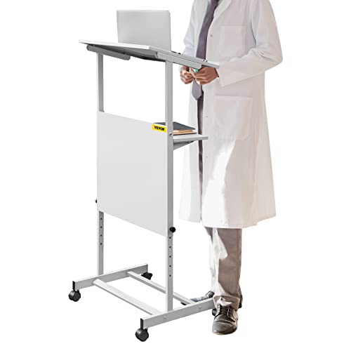 VEVOR Portable Floor Lectern, Height Adjustable, Wheeled Lectern with Dual-Layer Storage Shelf, Teacher Speaker Standing Desk, Podium Stand Classroom Presentation Stand for Speech, Church