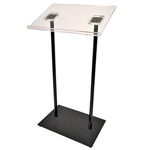 Kingdom KMLDC Durable Contemporary Metallic Lectern with Double Slim Column Cylindrical Poles, a Clear Acrylic Top, and a Rectangular Metallic Base - Black