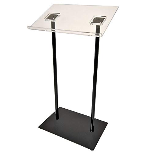 Kingdom KMLDC Durable Contemporary Metallic Lectern with Double Slim Column Cylindrical Poles, a Clear Acrylic Top, and a Rectangular Metallic Base - Black