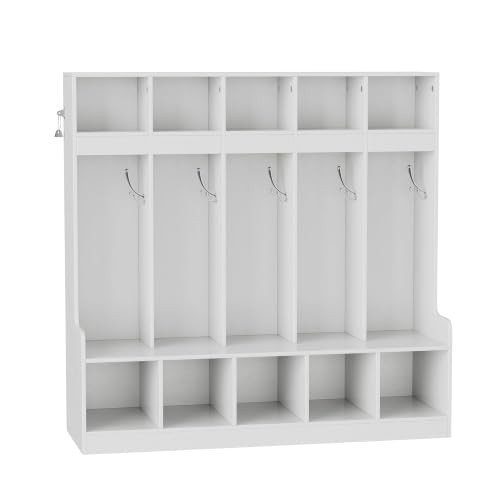 LALFPET 5-Section Cubby Storage Organizer with 5 Hooks – Wooden Preschool Coat Locker for Backpacks, Jackets, Shoes – Freestanding Furniture Cabinet for Daycare, Playroom, Entryway – White