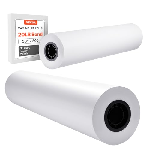 VEVOR Wide Format Paper, 30 in x 500 ft Plotter Roll, 2 Rolls CAD Bond Rolls with 3 in Core, 20 LB Bond Paper Rolls, Ideal for CAD Drawings, Engineering Plans, GIS Maps, and Architectural Designs