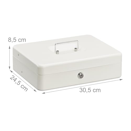 Relaxdays Cash Box, Coin Counter Tray Lockable Portable Change & Notes, H x W x D: 8.5 x 30.5 x 24.5 cm, Iron, White