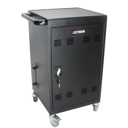 35 Devices Mobile Charging Cart and Cabinet, Laptop Storage Station, Lockable With Easy Cable Management, Up to 16.3" Screen for Tablets, Laptops, and Chromebooks, Black