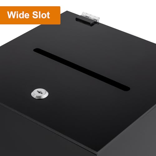 SHOUMANUAL Acrylic Donation Box, 10" X 10" X 10" Ballot Suggestion Box with Lock & 2 Keys, Raffle Voting Box with Slot for School Conference Fundraising (Black)