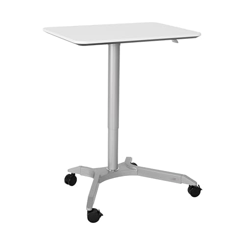 Seville Classics Airlift Height Adjustable Pneumatic Laptop Sit Stand Desk Mobile Rolling Cart, Computer Workstation for Home Office, Classroom, White, 28" Premium Desktop (New Model)
